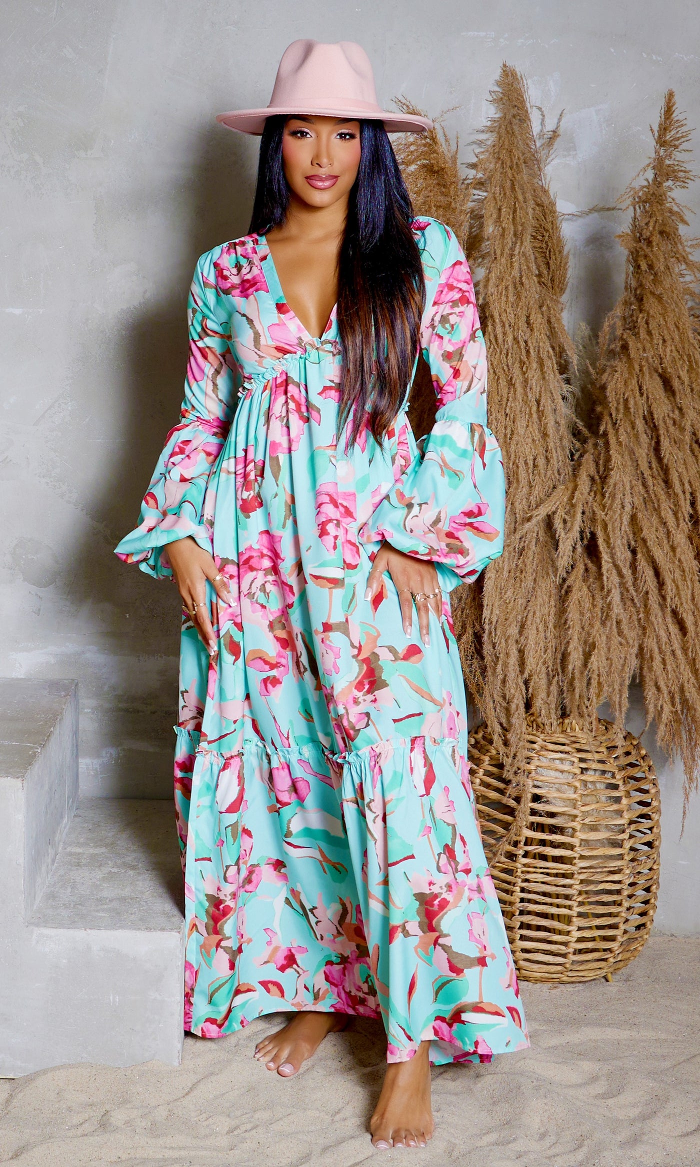 Floral V-Neck Printed Maxi Dress - Cutely Covered