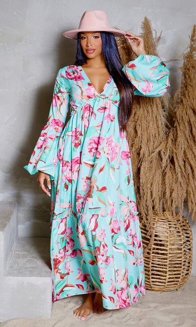 Floral V-Neck Printed Maxi Dress - Cutely Covered