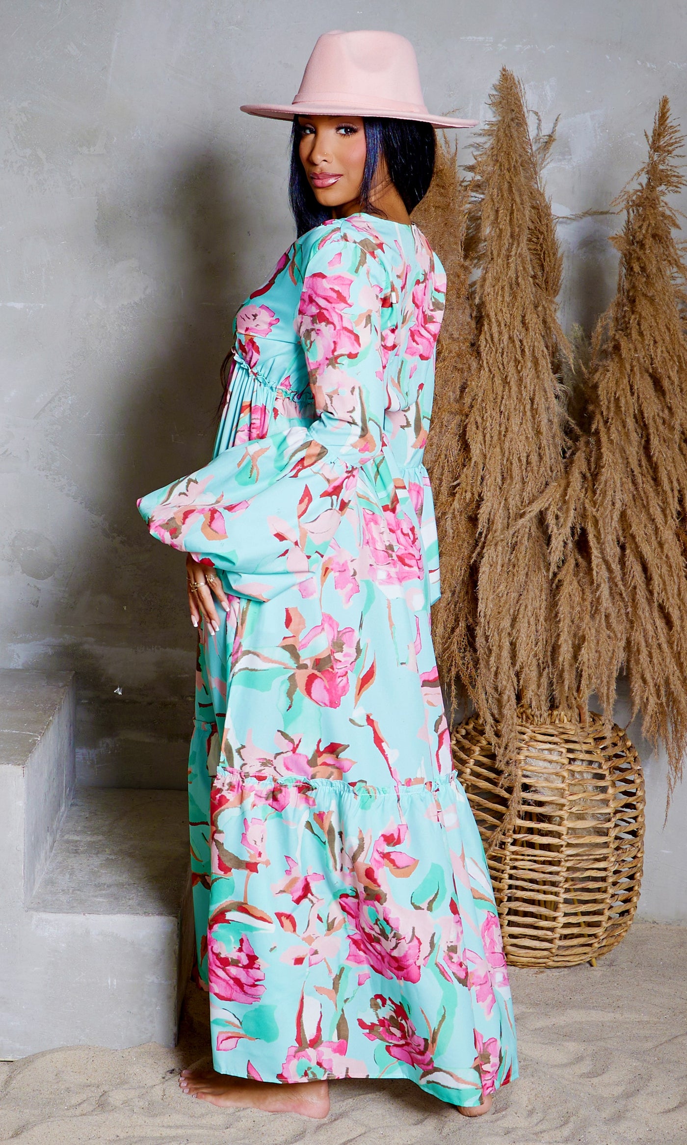 Floral V-Neck Printed Maxi Dress - Cutely Covered