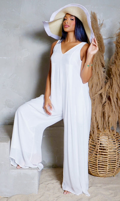 V-Neck Woven Jumpsuit - Off White - Cutely Covered