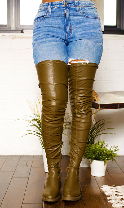 She's Killing It Surgical | Thigh High Flat Stretch Boots - Olive - Cutely Covered