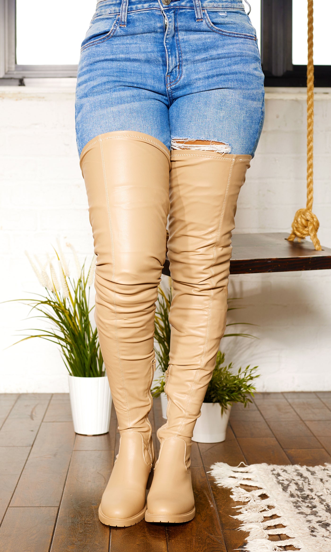 Tan thigh high flat boots Clearance