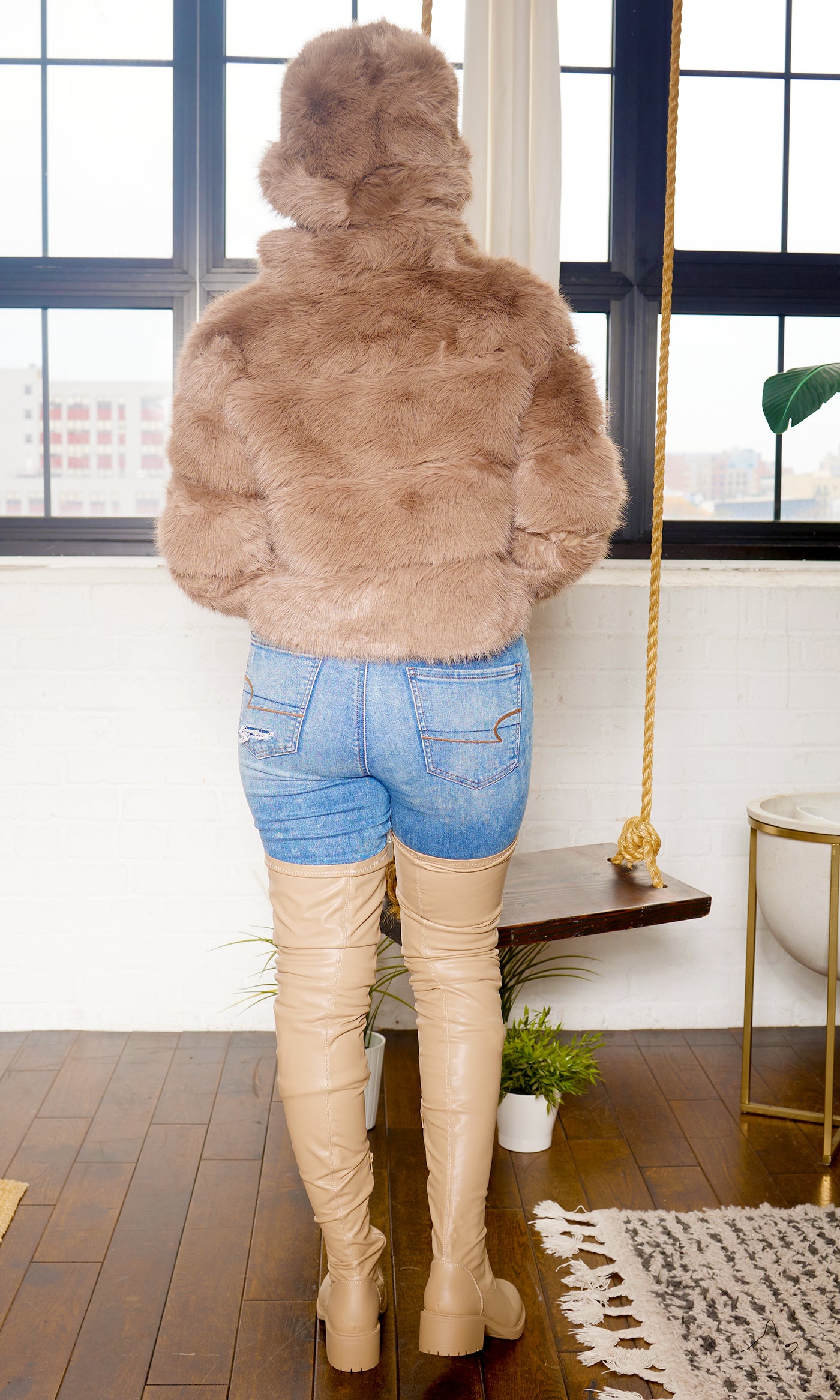 Faux Fur Zip Up Jacket - Tan - Cutely Covered