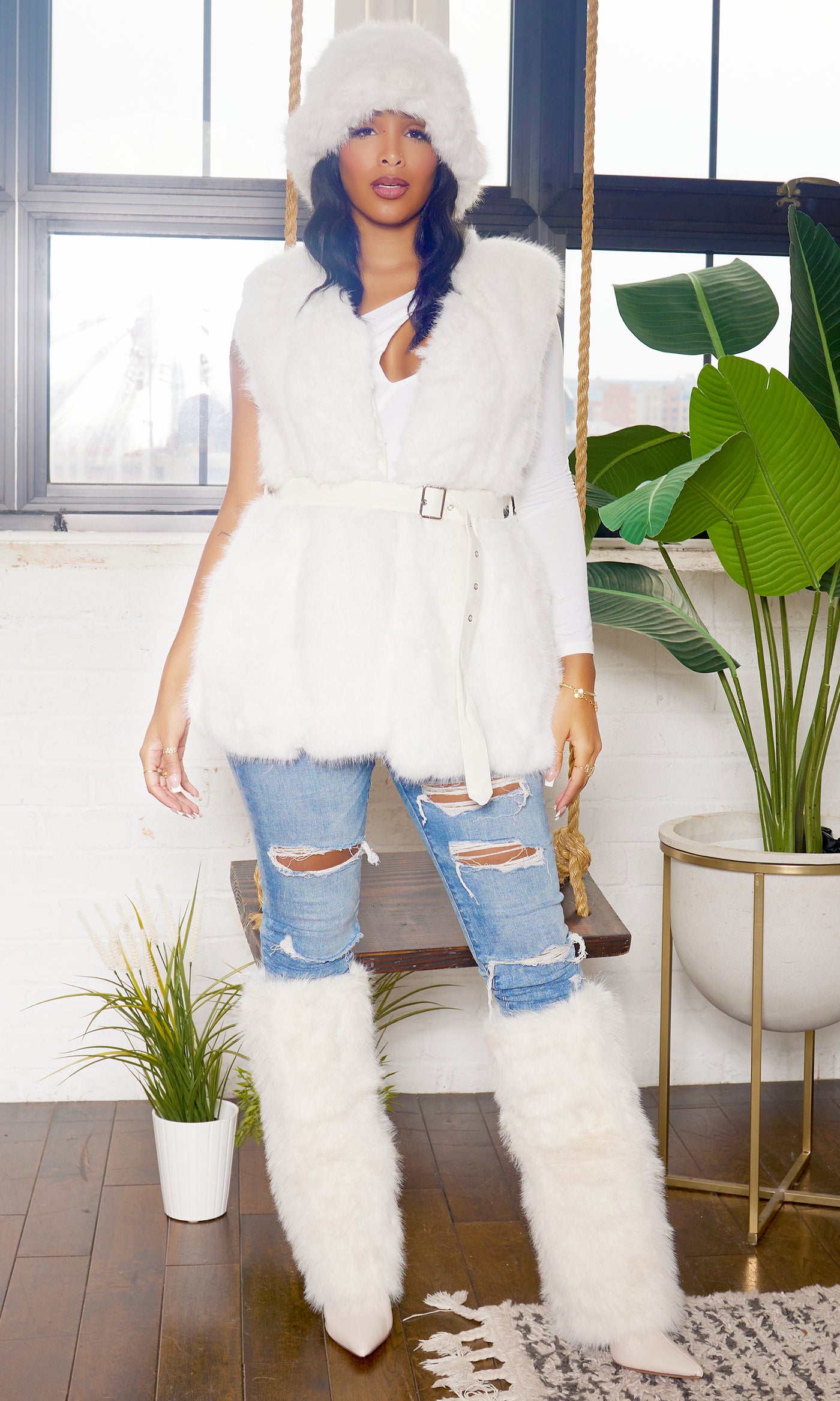 Belted Faux Fur Vest - White - Cutely Covered