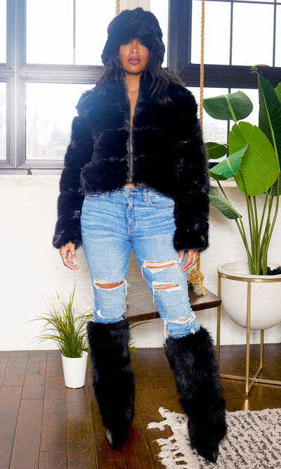 Faux Fur Zip Up Jacket - Black - Cutely Covered