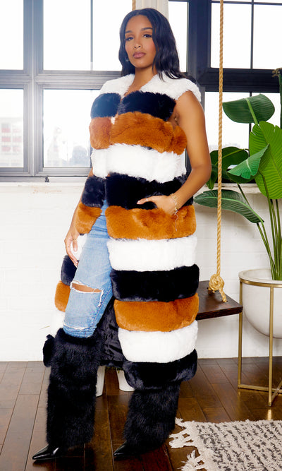 Tri-Color Elegance | Faux Fur Long Coat - Cutely Covered