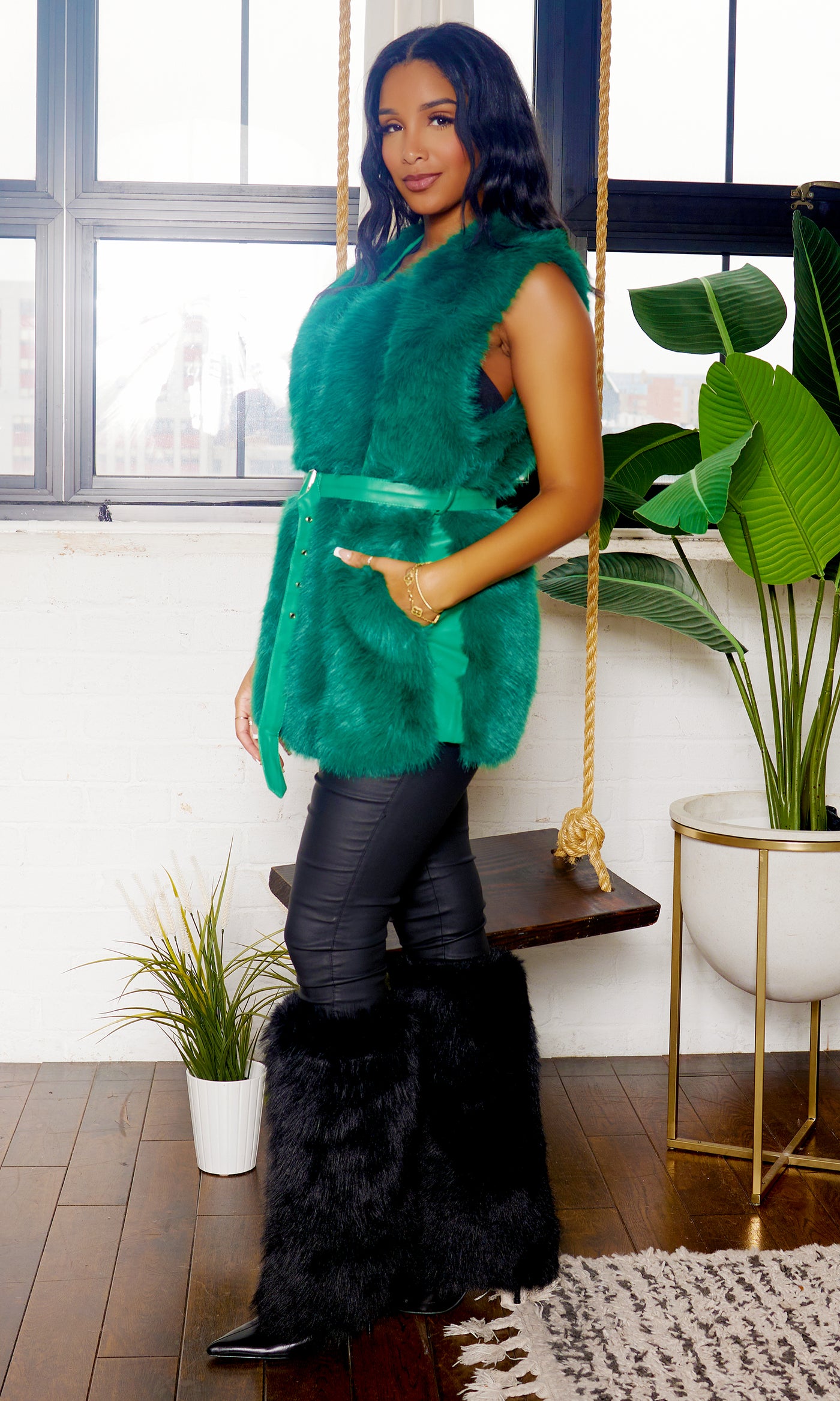 Belted Faux Fur Vest - Green - Cutely Covered