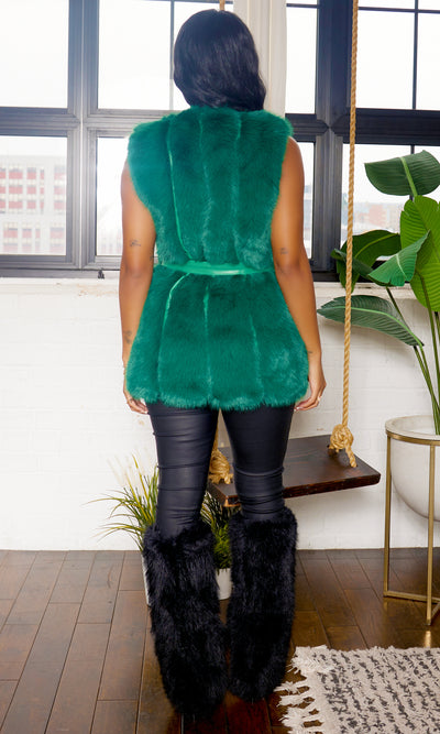 Belted Faux Fur Vest - Green - Cutely Covered