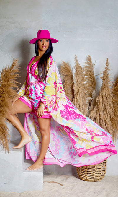 Cancun | Kimono Pants Set - Pink/Fuchsia Print - Cutely Covered