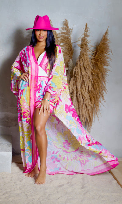 Cancun | Kimono Pants Set - Pink/Fuchsia Print - Cutely Covered