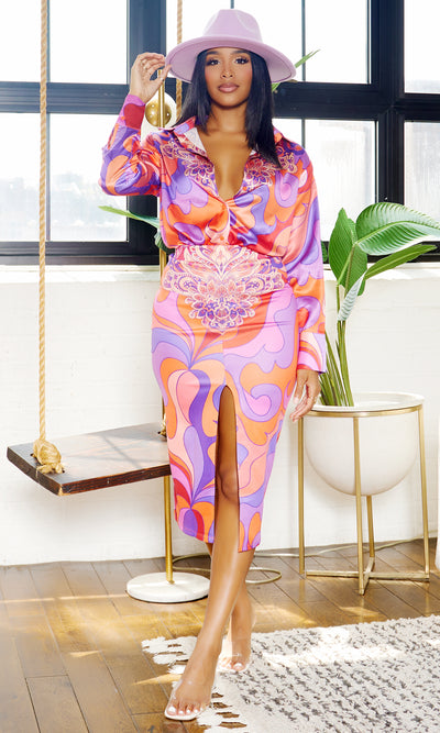 Grooving | Printed Satin Skirt Set - Pink - Cutely Covered
