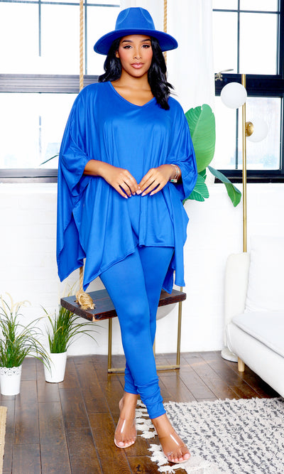 Fashionably Chill | Batwing Sleeve Stretch Pants Set - Blue