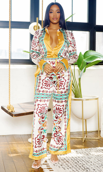First Class | Print Satin Set - Mustard - Cutely Covered