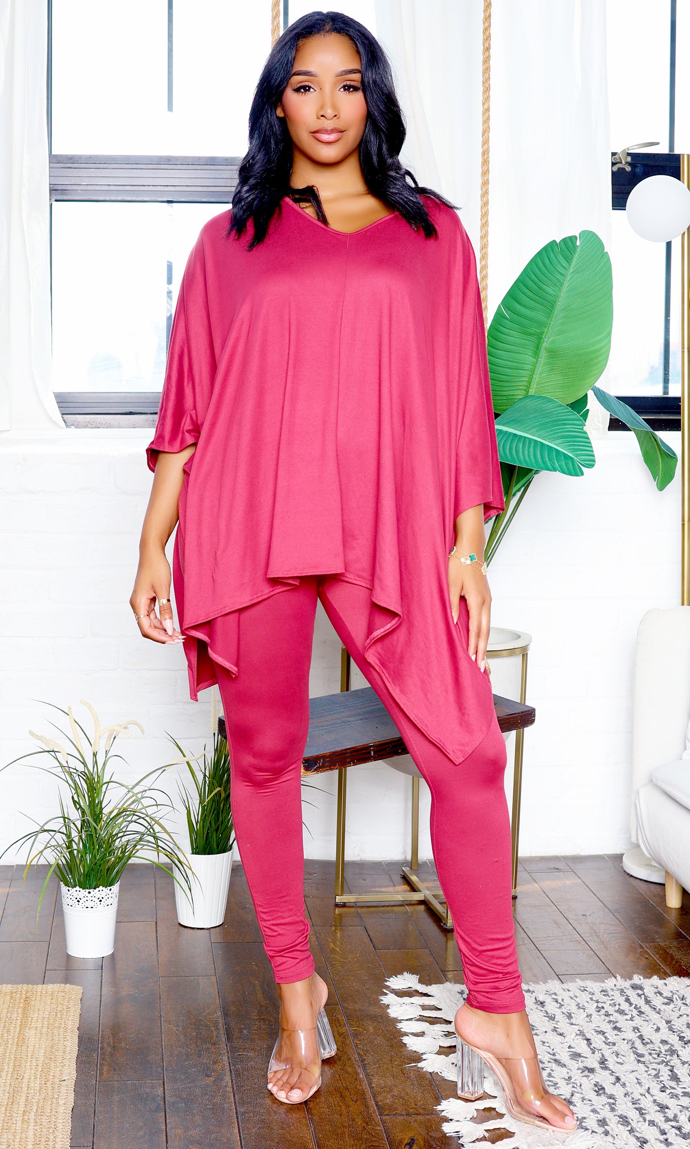 Fashionably Chill | Batwing Sleeve Stretch Pants Set - Pink