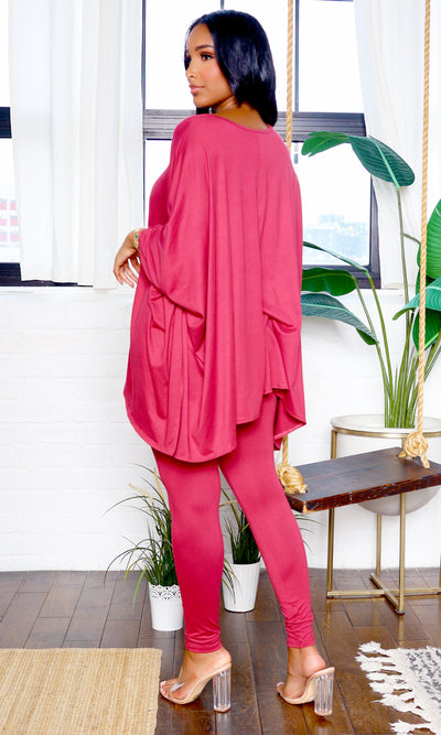 Fashionably Chill | Batwing Sleeve Stretch Pants Set - Pink