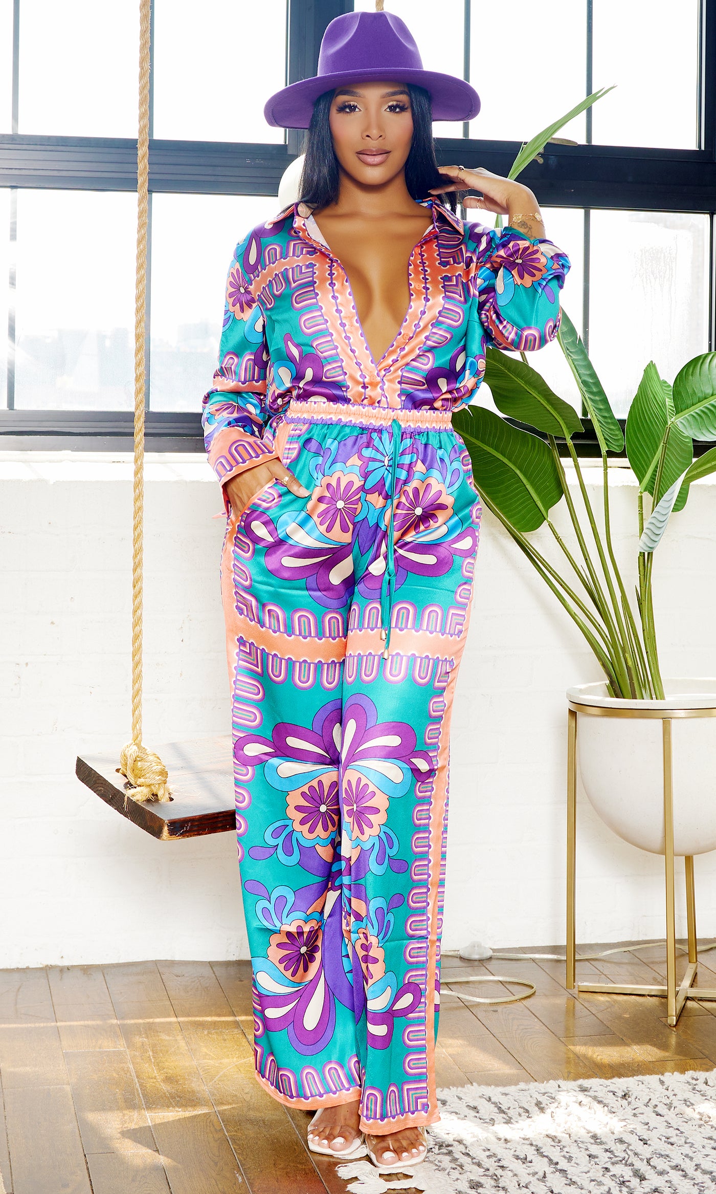 First Class | Print Satin Set -  Green/Purple - Cutely Covered
