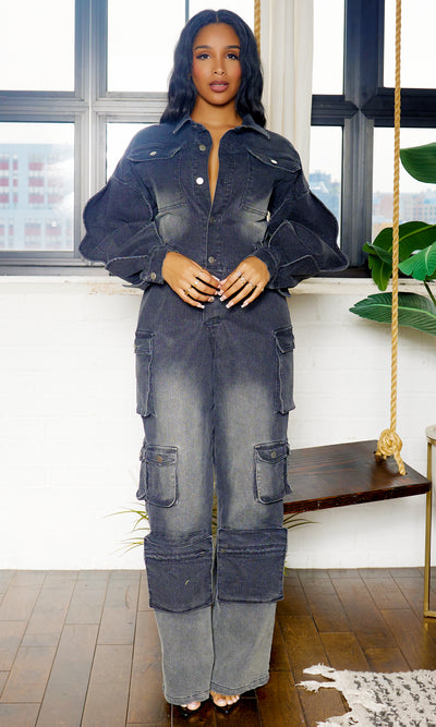 Long Wave Sleeve Cargo Denim Jumpsuit - Black Wash PREORDER Ships Mid to End December - Cutely Covered