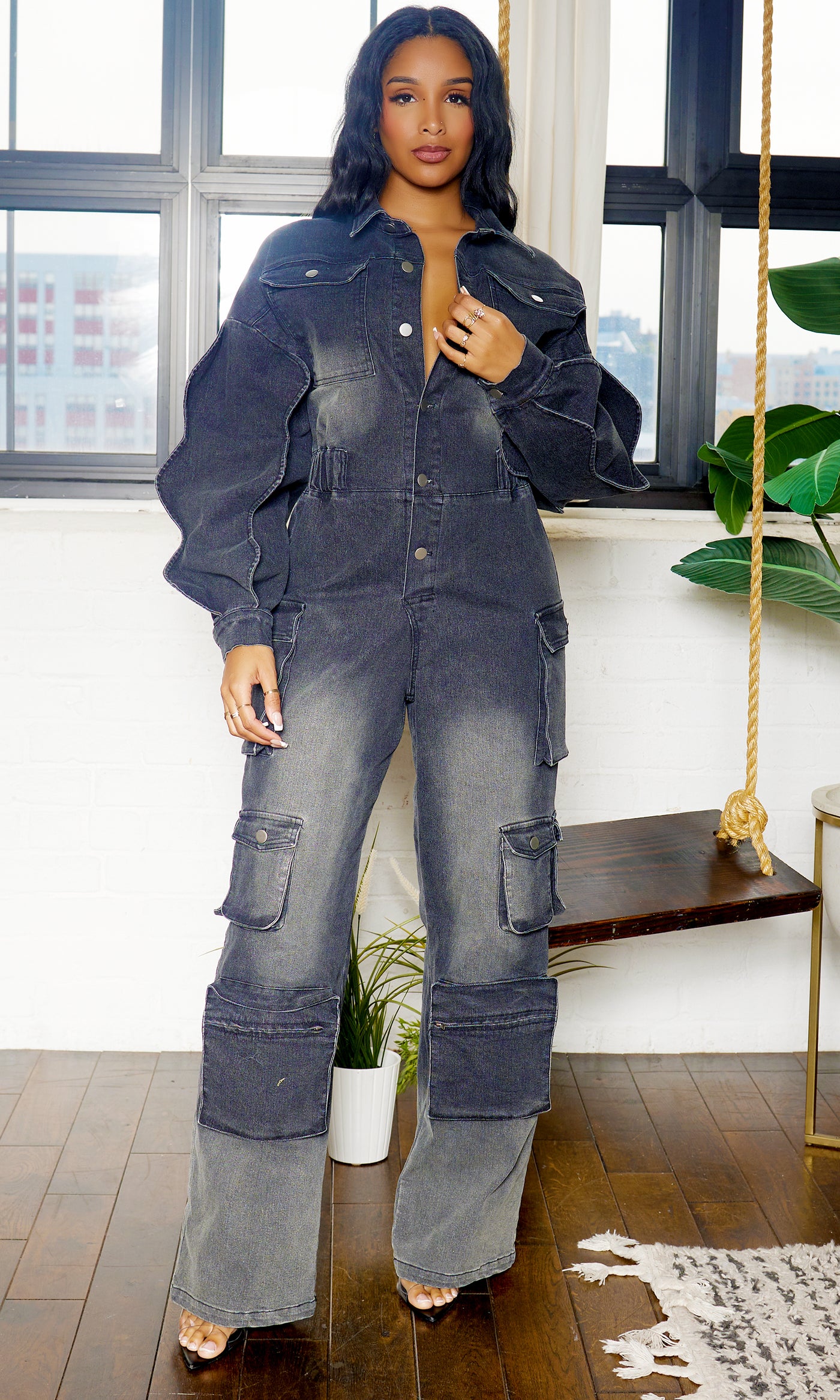 Long Wave Sleeve Cargo Denim Jumpsuit - Black Wash PREORDER Ships Mid to End December - Cutely Covered