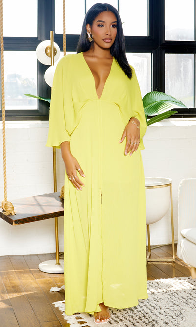 Classy Elegance | Cape Maxi Dress - Chartreuse - Cutely Covered