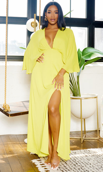 Classy Elegance | Cape Maxi Dress - Chartreuse - Cutely Covered