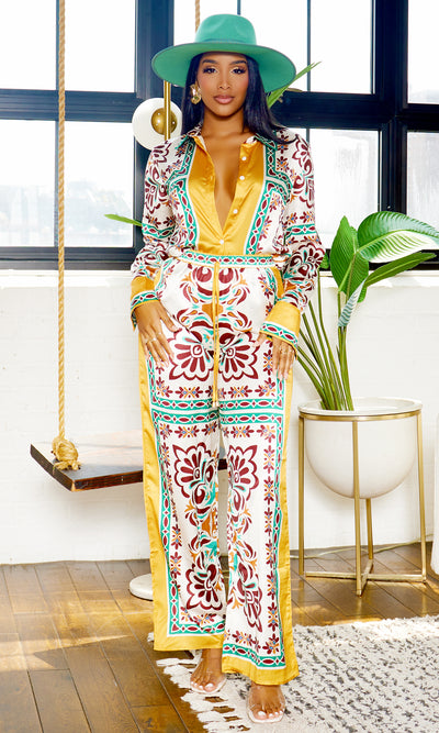 First Class | Print Satin Set - Mustard - Cutely Covered