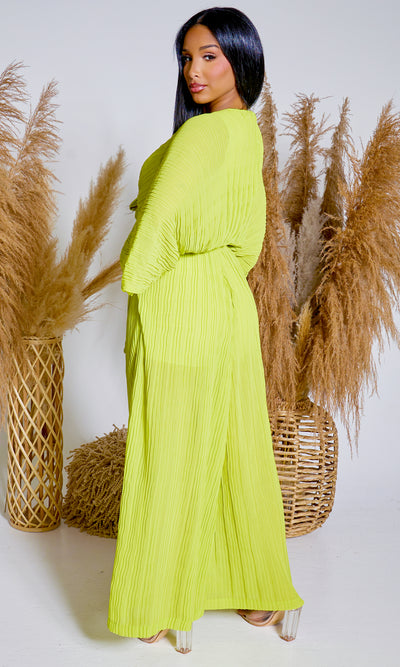 Chic Front Tie Knot Pleated Pants Set - Lime - Cutely Covered