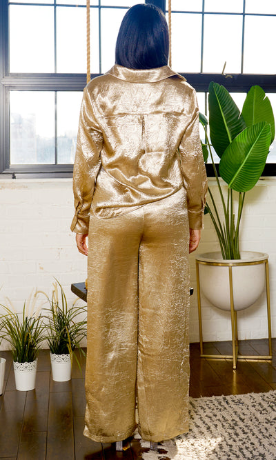 Jacquard Satin Pants Set - Gold - Cutely Covered