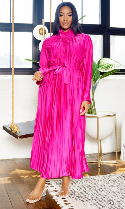 Too Blessed | Pleated Tie Waist Maxi Dress- Fuchsia - Cutely Covered
