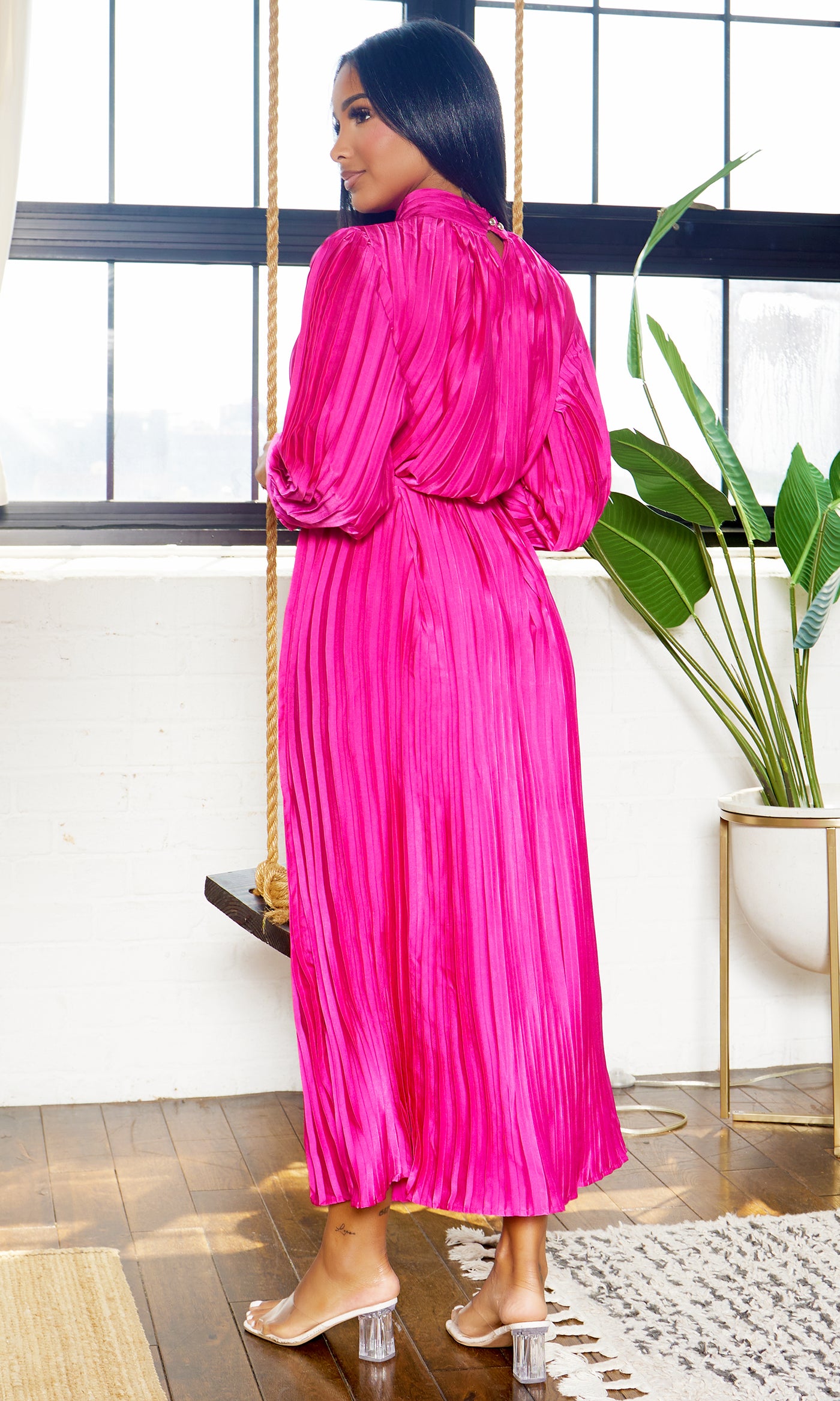 Too Blessed | Pleated Tie Waist Maxi Dress- Fuchsia - Cutely Covered