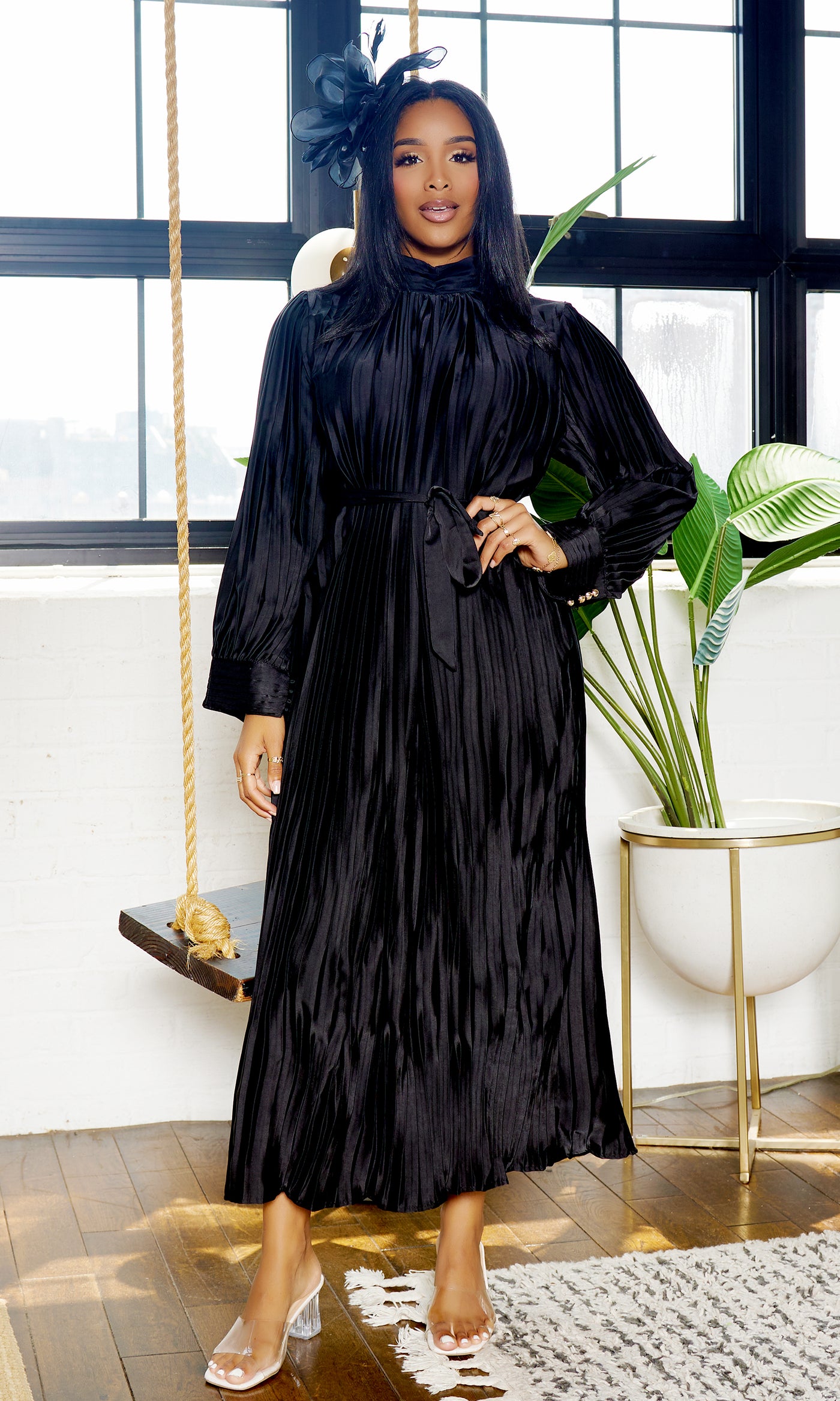 Too Blessed | Pleated Tie Waist Maxi Dress-Black - Cutely Covered