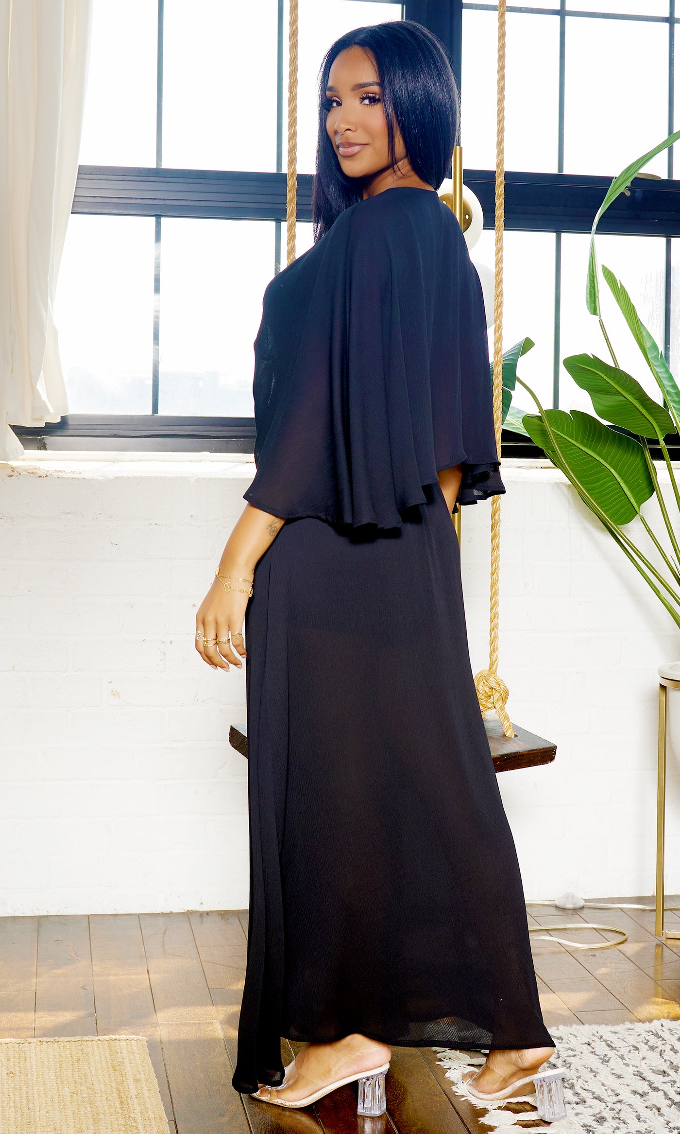 Classy Elegance | Cape Maxi Dress - Black - Cutely Covered