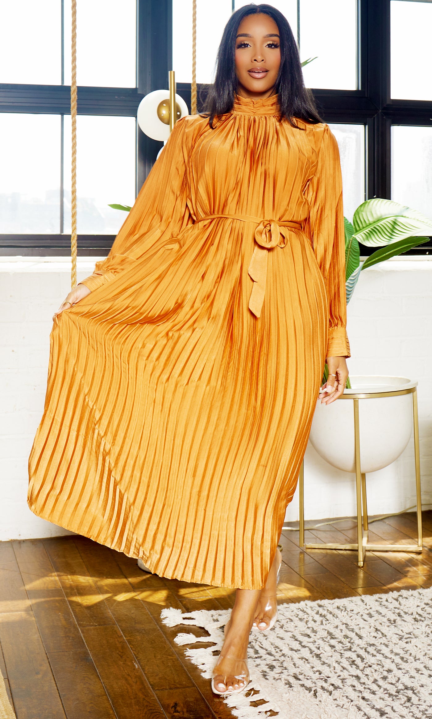 Too Blessed | Pleated Tie Waist Maxi Dress- Orange - Cutely Covered