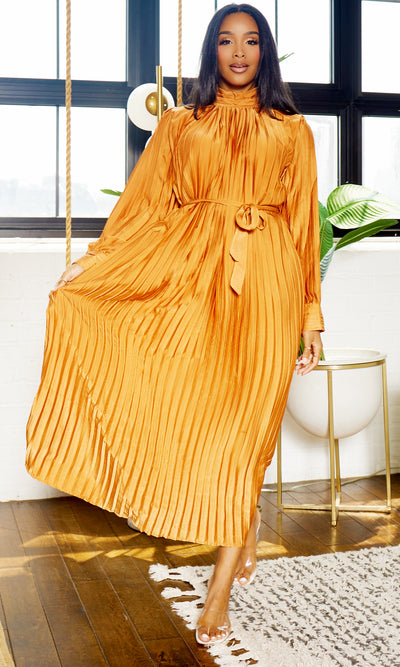 Too Blessed | Pleated Tie Waist Maxi Dress- Orange - Cutely Covered