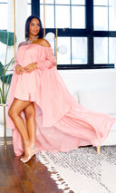 In The Wind Fabulous | Off The Shoulder High Low Dress- Blush | Preorder Mid May - Cutely Covered