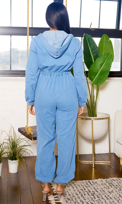 Hooded Utility Denim Jumpsuit - Cutely Covered