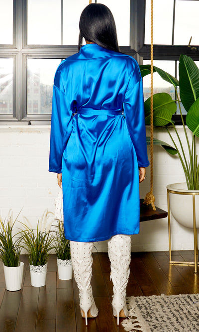Classic Silk Notch Trench Coat Dress - Royal Blue - Cutely Covered