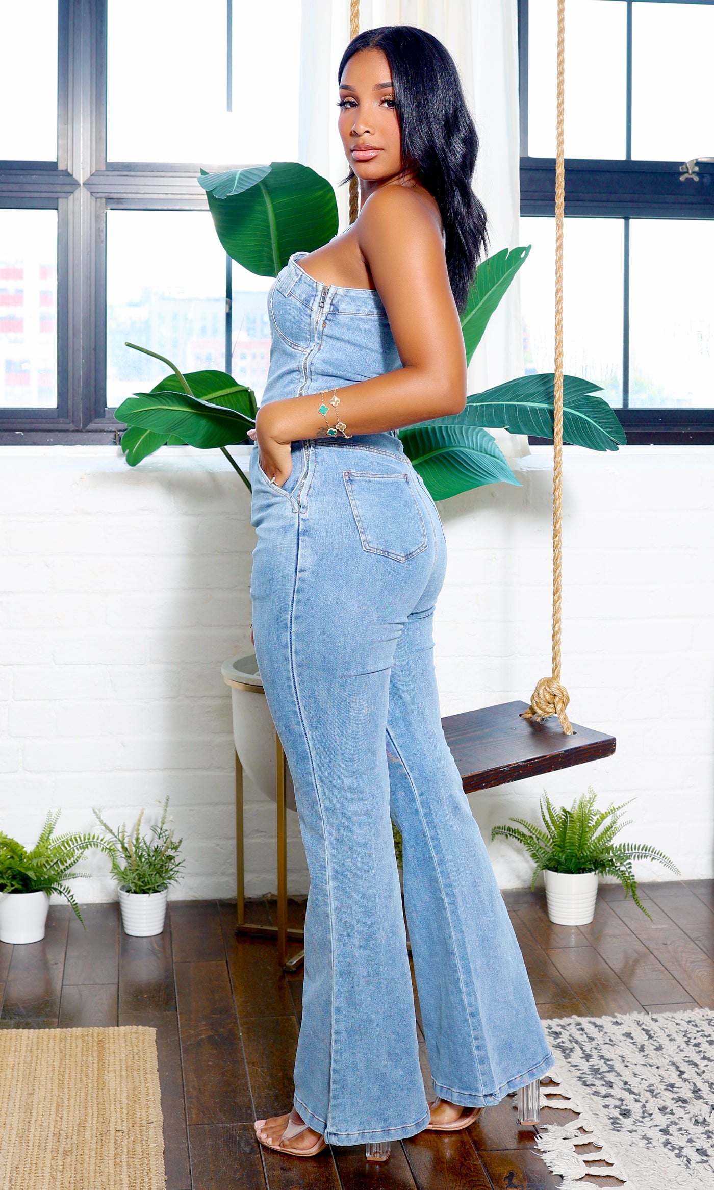 Harper's Pick | Light Wash Denim One Shoulder Jumpsuit FINAL SALE