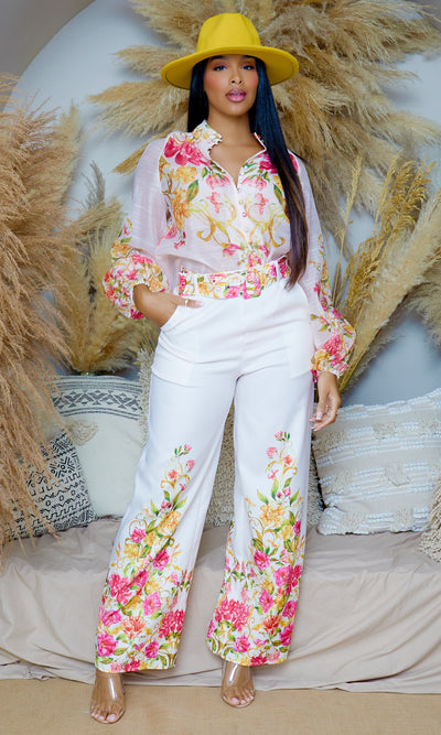 Fancy Floral | Long Belted Pants Set - Mustard Floral Print - Cutely Covered