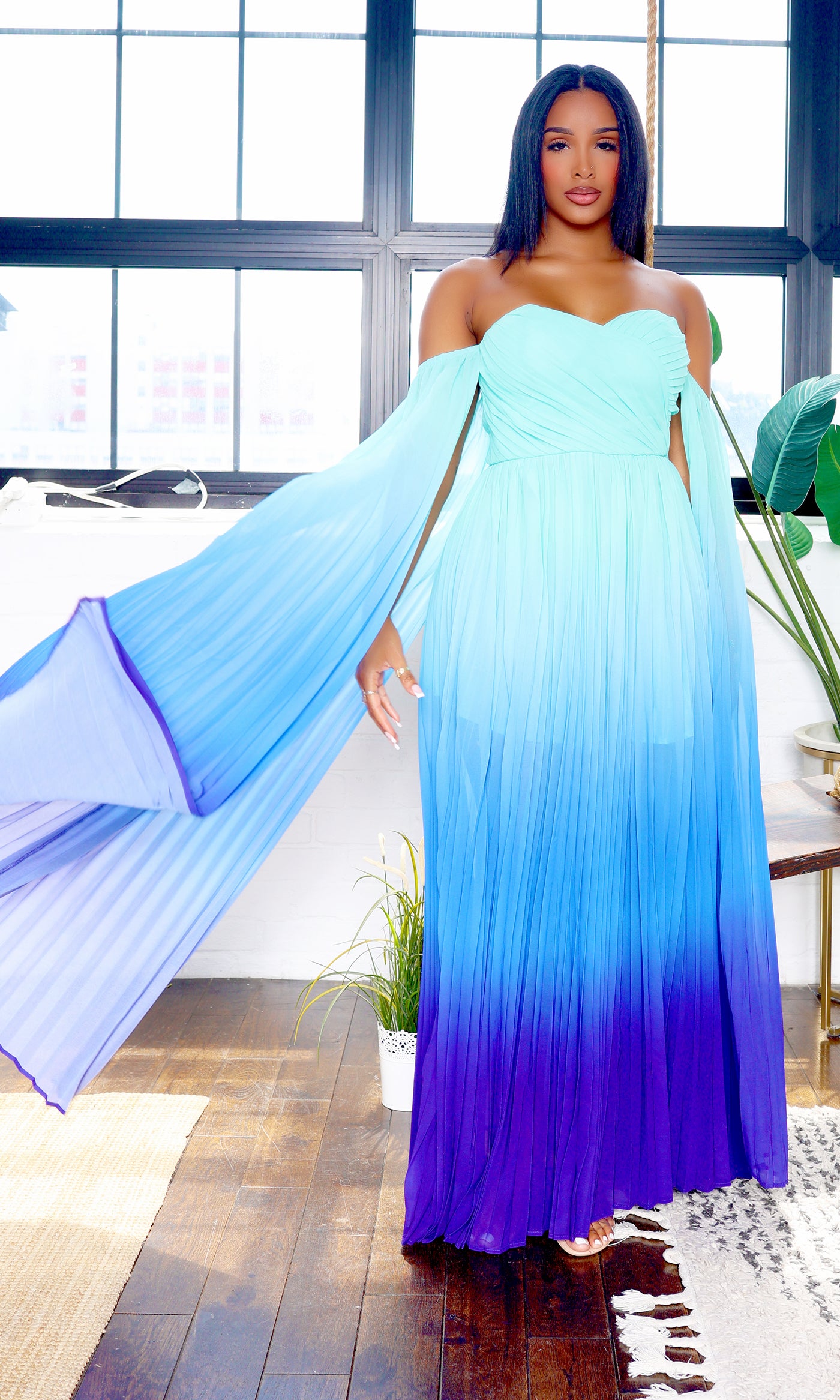 Leah | Off-Shoulder Maxi Cape Dress - Teal Ombre