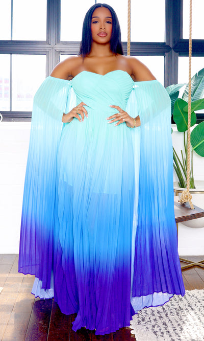 Leah | Off-Shoulder Maxi Cape Dress - Teal Ombre