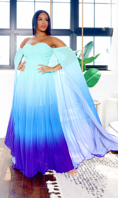 Leah | Off-Shoulder Maxi Cape Dress - Teal Ombre