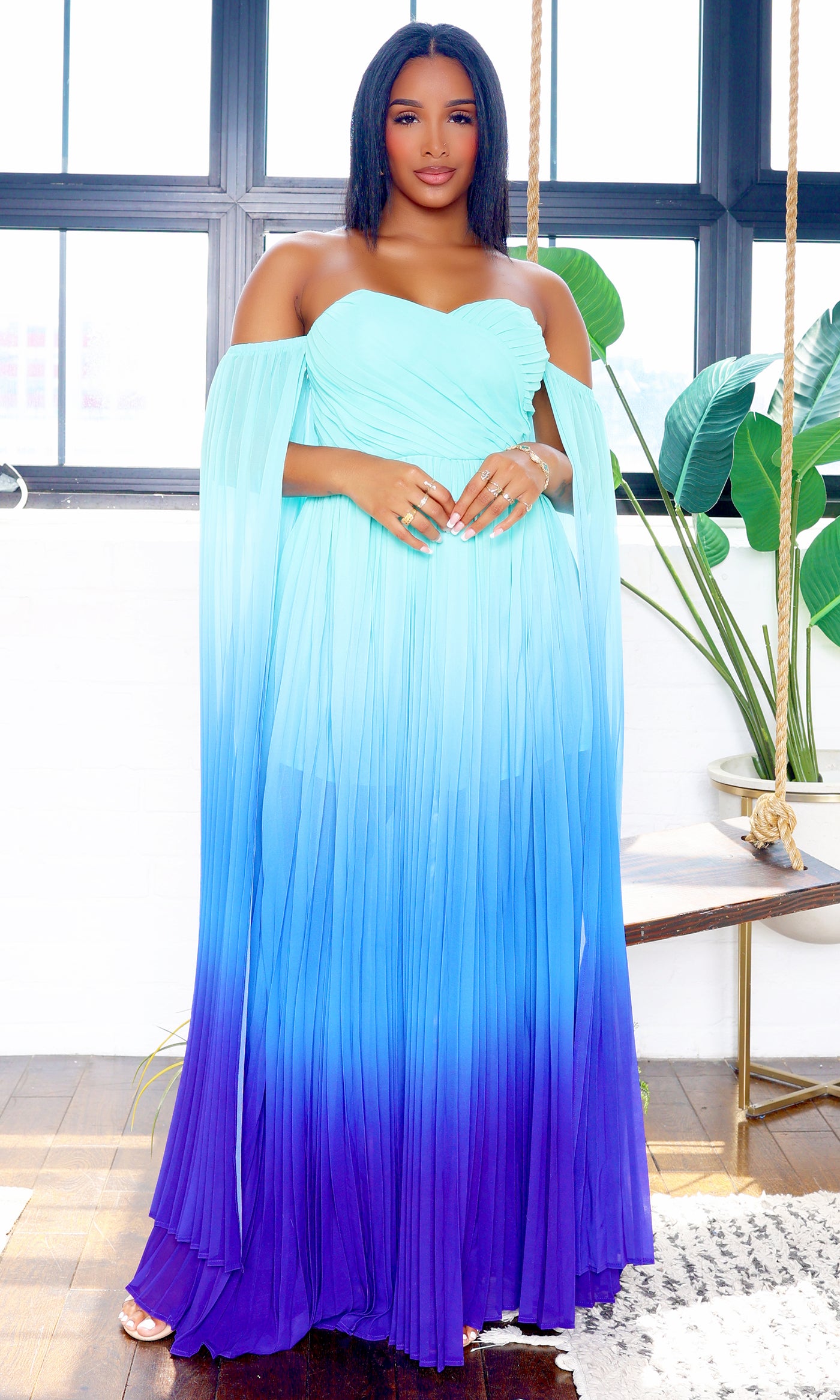 Leah | Off-Shoulder Maxi Cape Dress - Teal Ombre