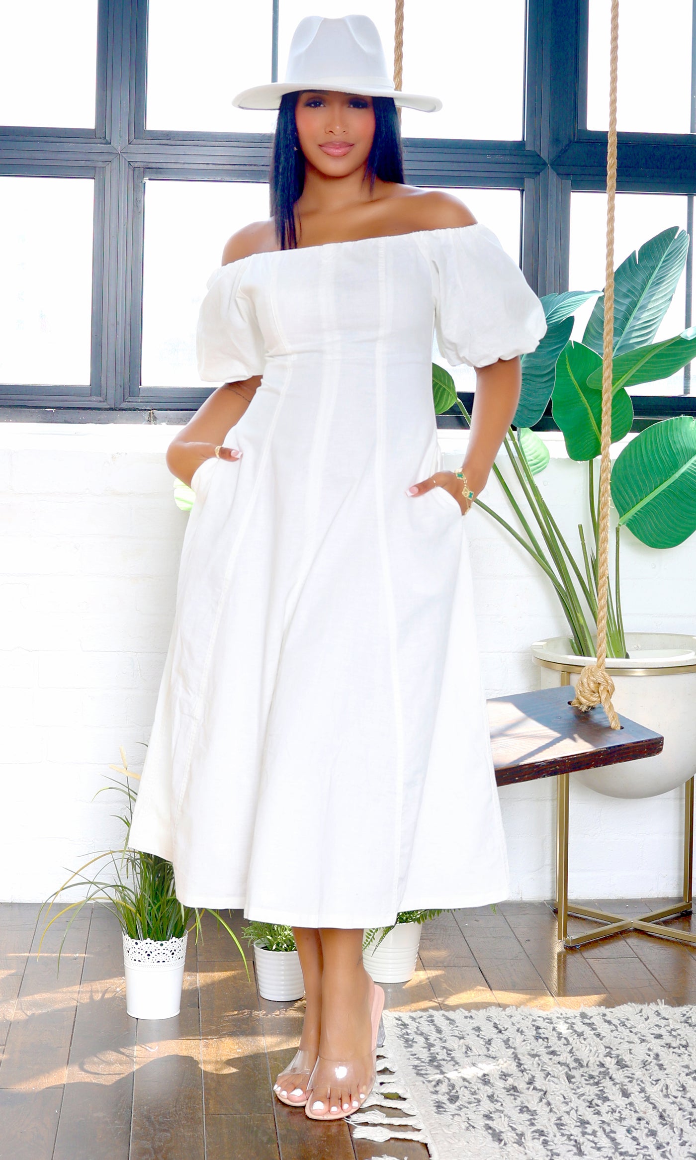 Cathy| Cascade Off-Shoulder Midi Dress - White