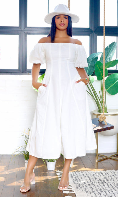 Cathy| Cascade Off-Shoulder Midi Dress - White