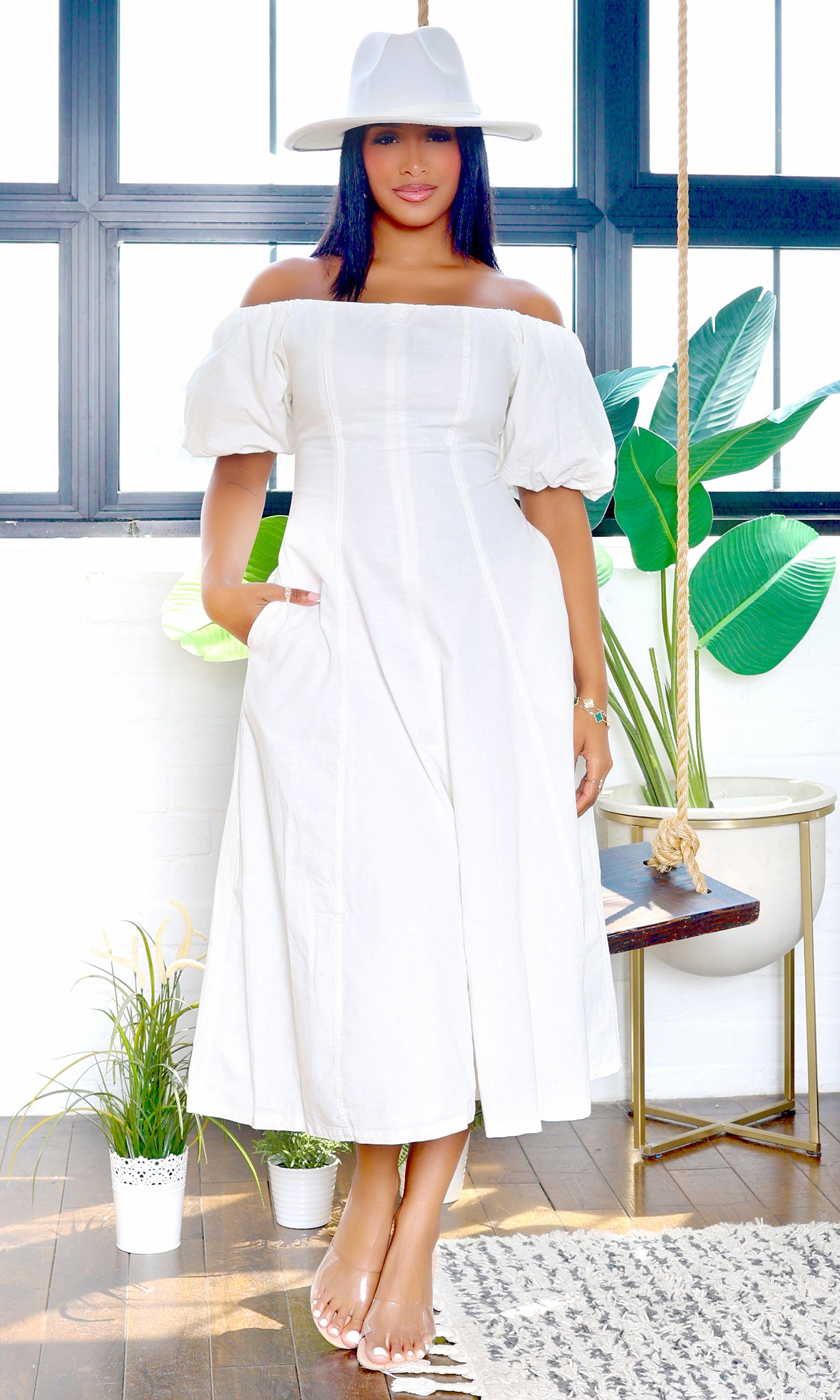 Cathy| Cascade Off-Shoulder Midi Dress - White FINAL SALE