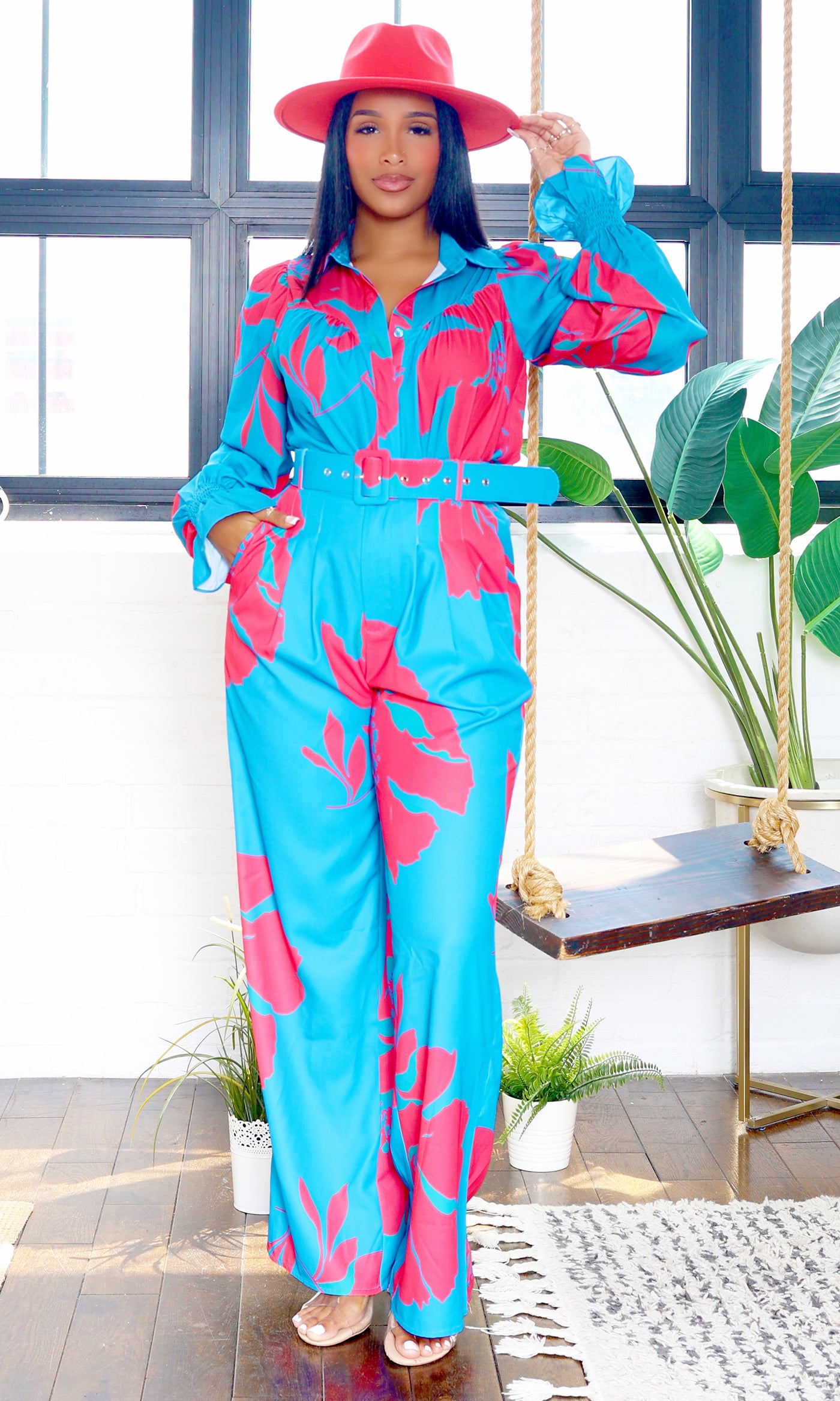 Lainey | Belted Floral Jumpsuit - Blue/Pink FINAL SALE