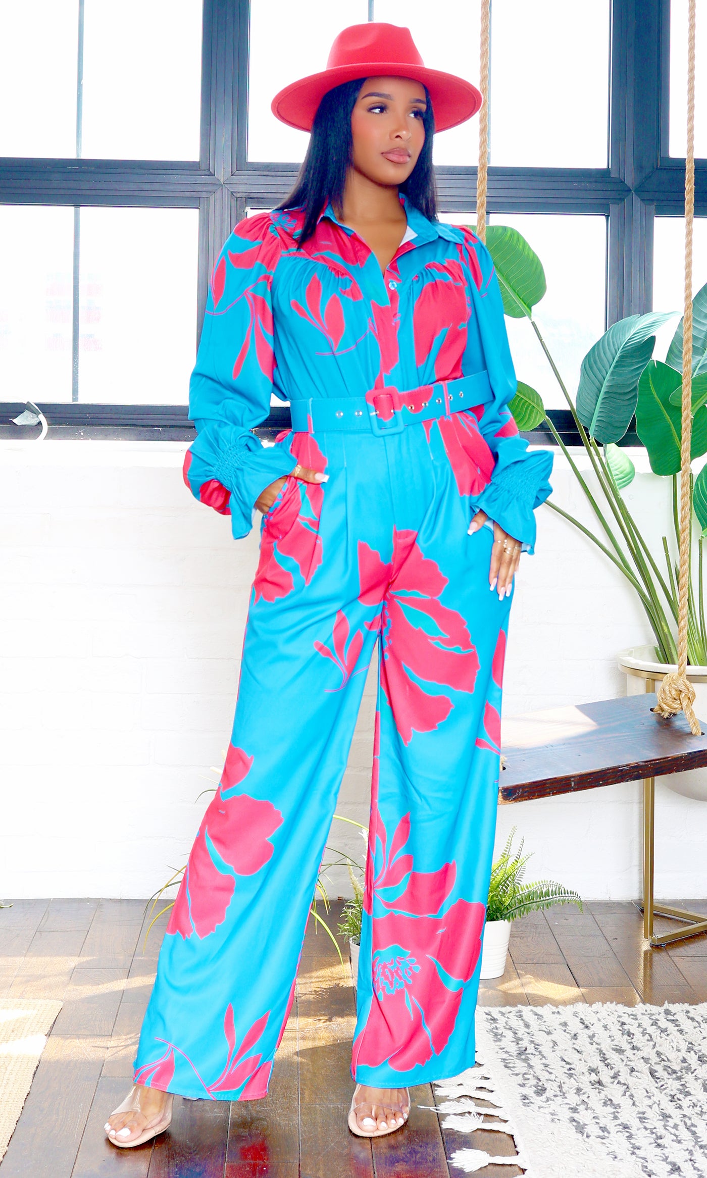 Lainey | Belted Floral Jumpsuit - Blue/Pink