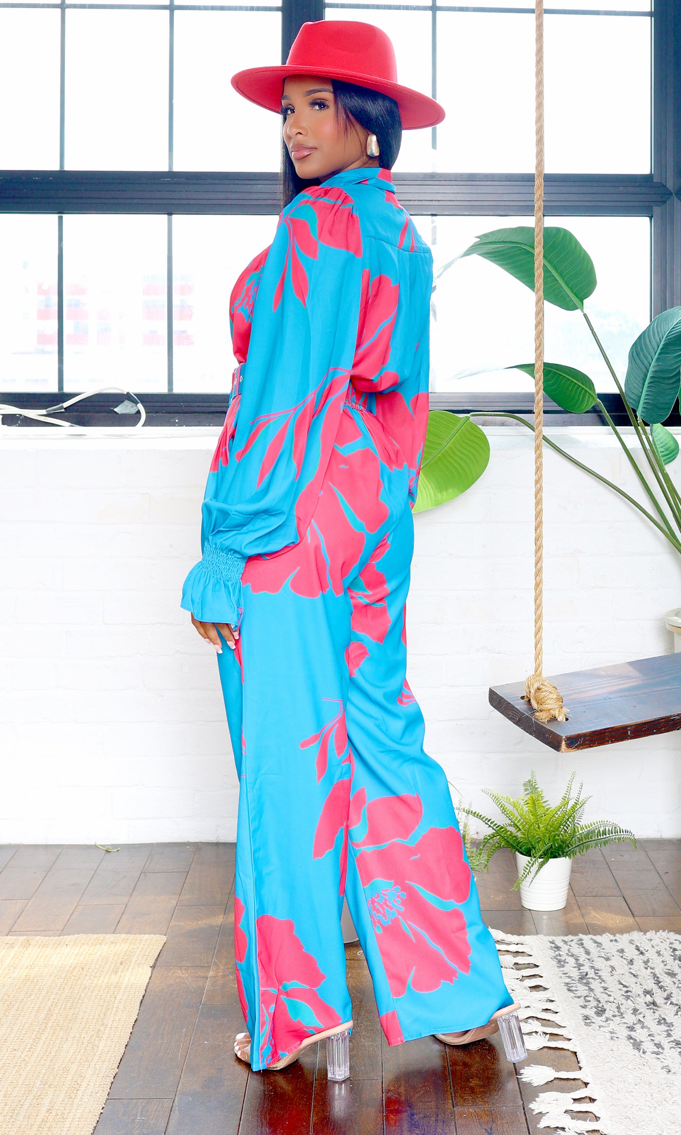 Lainey | Belted Floral Jumpsuit - Blue/Pink