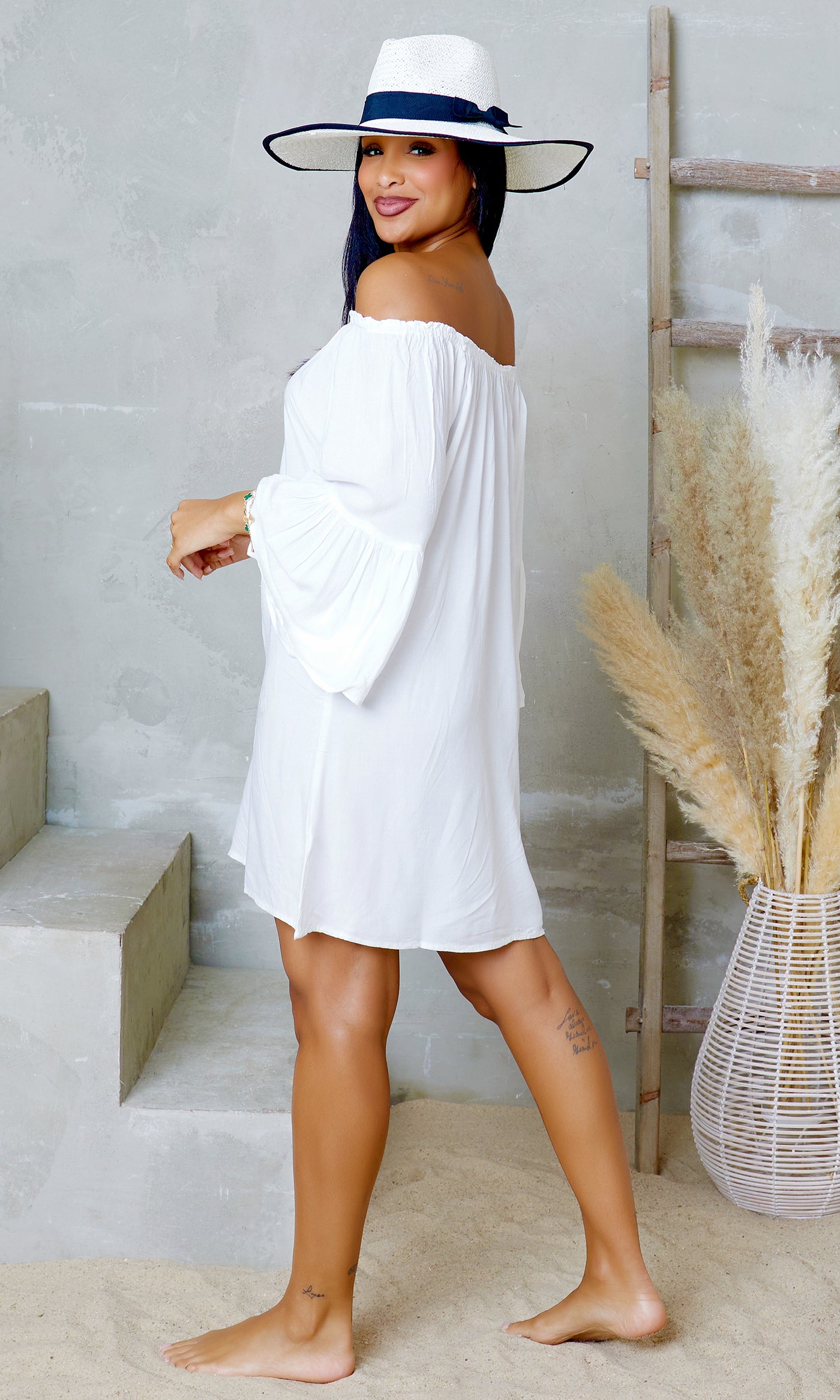 Elegant Oasis Off-Shoulder | Mini Dress - White - Cutely Covered