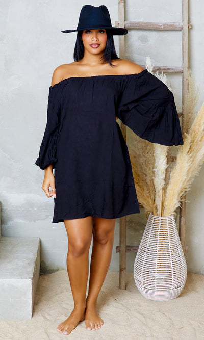 Elegant Oasis Off-Shoulder | Mini Dress - Black - Cutely Covered